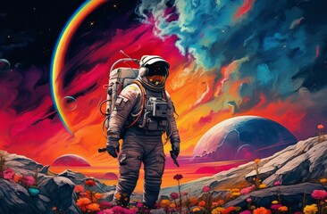 astronaut is flying across desert background