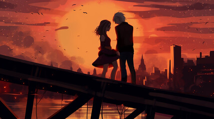Fototapeta premium the guy with the girl on the bridge at sunset
