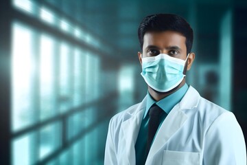 Indian male doctor with a face mask standing in a hospital background, medical wallpaper, Horizontal format 3:2