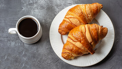 Croissants with coffee. Two French croissants on plate and cup of espresso coffee on concrete background, top view