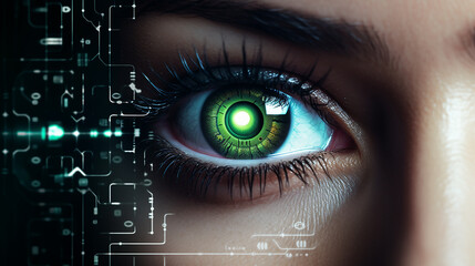Obraz premium Woman focus eye look digital science system concept vision futuristic computer green technology person human