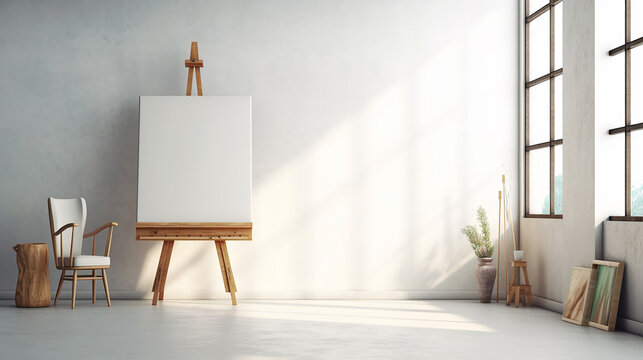 A painter room with an easel with a blank painting canvas