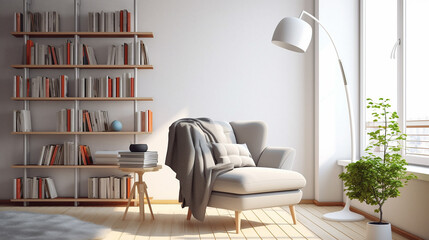 An image of a minimalistic designed room with wooden furniture and an empty wall