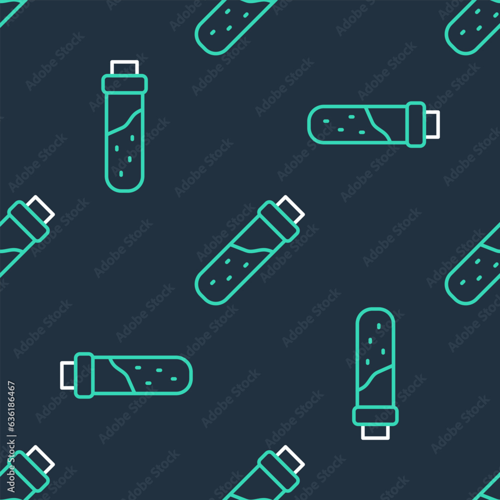 Poster line bottle with potion icon isolated seamless pattern on black background. flask with magic potion.