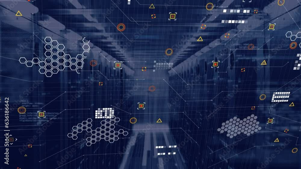 Poster animation of circuit board pattern, geometric shapes and computer language over server room