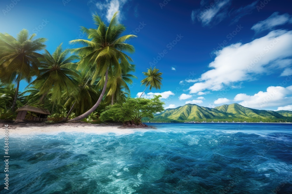 Canvas Prints Beautiful seascape with palm trees and volcano on the background, Beautiful tropical island landscape view on a sunny day, AI Generated