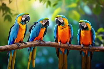 Fototapeta na wymiar Colorful macaws sitting on a branch in the forest, Thailand. Beautiful macaws in the jungle. Blue and yellow macaw, AI Generated