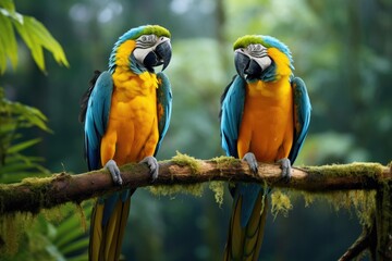 beautiful macaw parrot on the tree in the forest. Beautiful macaws in the jungle. Blue and yellow macaw, AI Generated