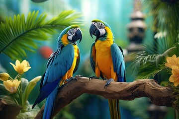Two macaws sitting on a branch in a tropical garden, close up, Beautiful macaws in the jungle. Blue and yellow macaw, AI Generated