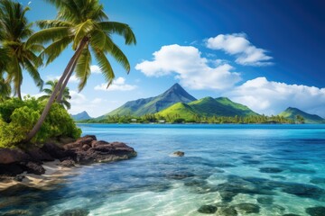 Fototapeta na wymiar Tropical island with palm trees and turquoise sea. Beautiful tropical island landscape view on a sunny day, AI Generated