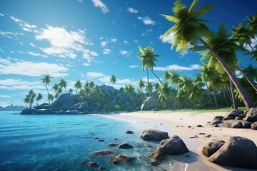 Tropical beach with palm trees and rocks. 3d render, Beautiful tropical island landscape view on a sunny day, AI Generated