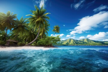 Fototapeta na wymiar Beautiful seascape with palm trees and volcano on the background, Beautiful tropical island landscape view on a sunny day, AI Generated