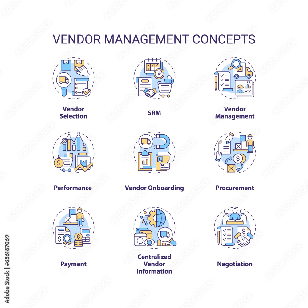 Poster 2d editable icons set representing vendor management concepts, isolated vector, thin line colorful i