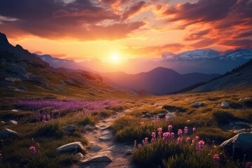 Fototapeta na wymiar Sunset in the mountains with pink flowers in the foreground. Beautiful landscape, beautiful sunset in the mountains. Sunset at the top of hike. sunset in the valley, AI Generated