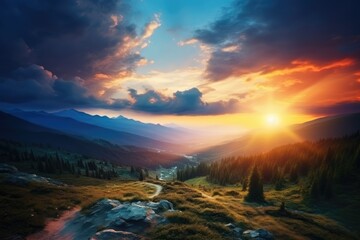 Majestic sunset in the mountains landscape. Dramatic sky. Carpathian, Ukraine, Europe. Beauty world. beautiful sunset in the mountains. Sunset at the top of hike. sunset in the valley, AI Generated