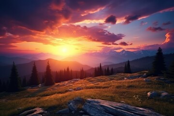 Majestic sunset in the mountains landscape. Dramatic sky. beautiful sunset in the mountains. Sunset at the top of hike. sunset in the valley, AI Generated