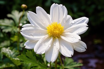 White dahlia flower with water drops on petals in the garden, Beautiful white flower in the garden, AI Generated