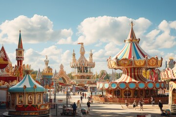 Unidentified people on the background of amusement park in Moscow. beertents and fairground rides on the oktoberfest in munich , AI Generated
