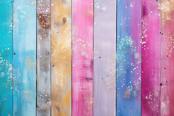 Wooden colourful pastel trendy background, shabby wood, small sparkles, glitter
