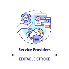 2D editable service providers thin line icon concept, isolated vector, multicolor illustration representing vendor management.
