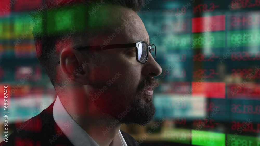 Poster trader is working with computer. screen with stock charts and data analysis. broker trading online. 