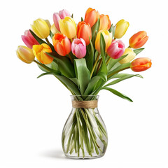 bouquet of fresh tulip flowers in glass vase, isolated on white background