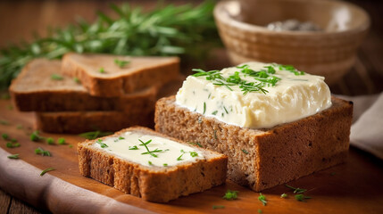 brown bread with curd cheese and chives