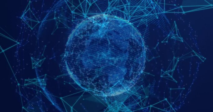 Animation of connected dots forming geometric shape and globe over blue background