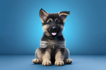 a puppy German Shepherd dog on a blue background. 