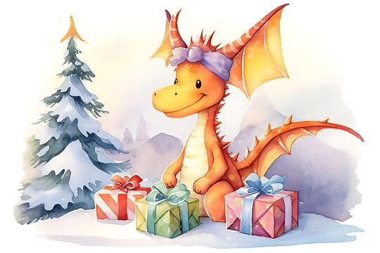 Christmas dragon in Santa hat with christmas decorations on white background. Post processed AI generated image