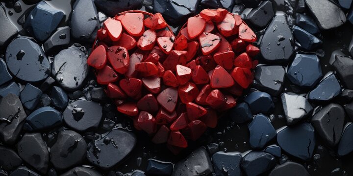 A red heart is surrounded by black rocks. Digital image.