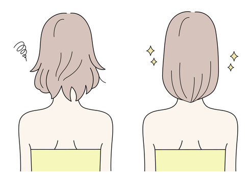 ダメージ髪から綺麗な髪になる後ろ姿の女性のイラストセット