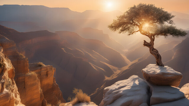 lonely tree on top of rock in mountains in canyon spectacular natural panoramic landscape with cany 