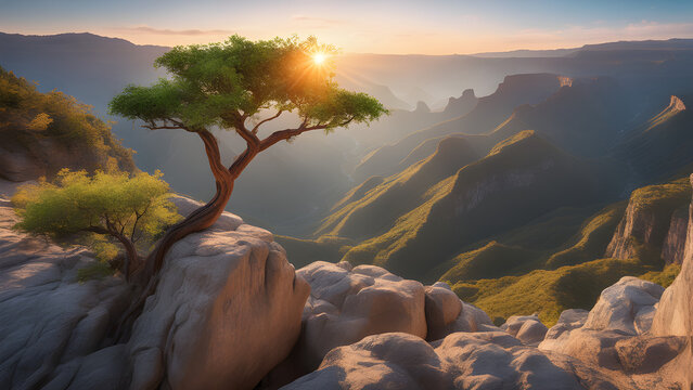 lonely tree on top of rock in mountains in canyon spectacular natural panoramic landscape with cany 
