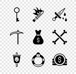 Set Old key, Sword for game, with blood, Pirate flag, Magic stone ring, Ancient coin, Pickaxe and money bag icon. Vector