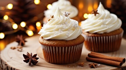 Christmas cupcakes. New year and winter background, xmas lights. created with Generative AI technology