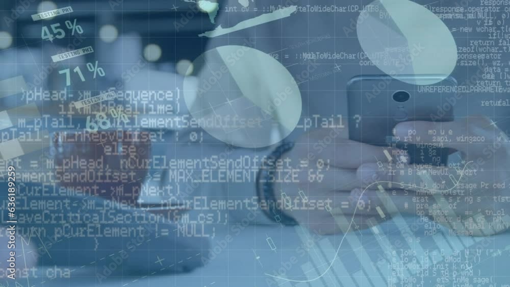 Poster a digital animation of program codes with graphs and statistics crossing the background towards the