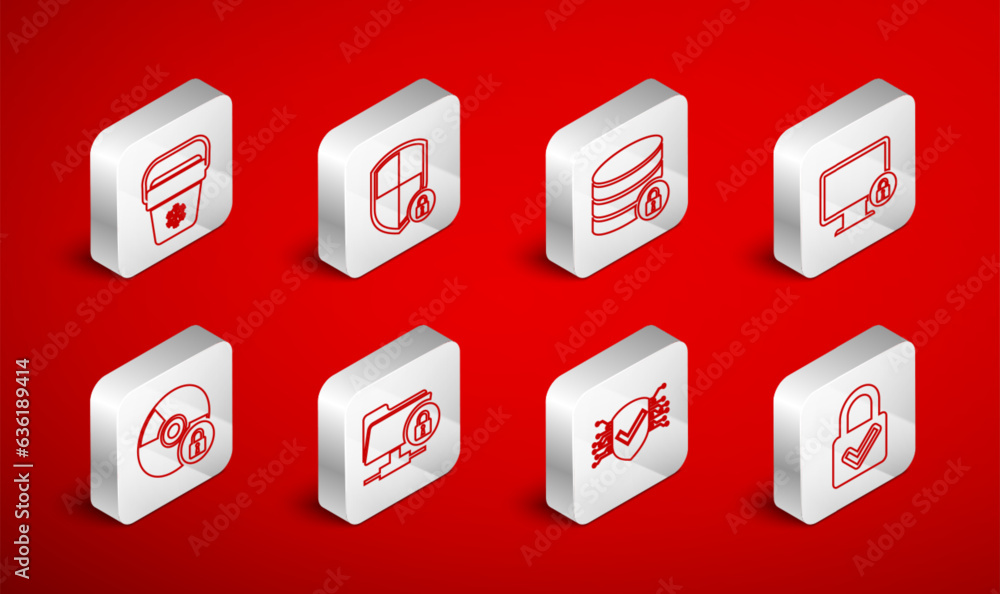 Poster set line lock and check mark, shield security with lock, server, on monitor, cyber, cooler bag, ftp 