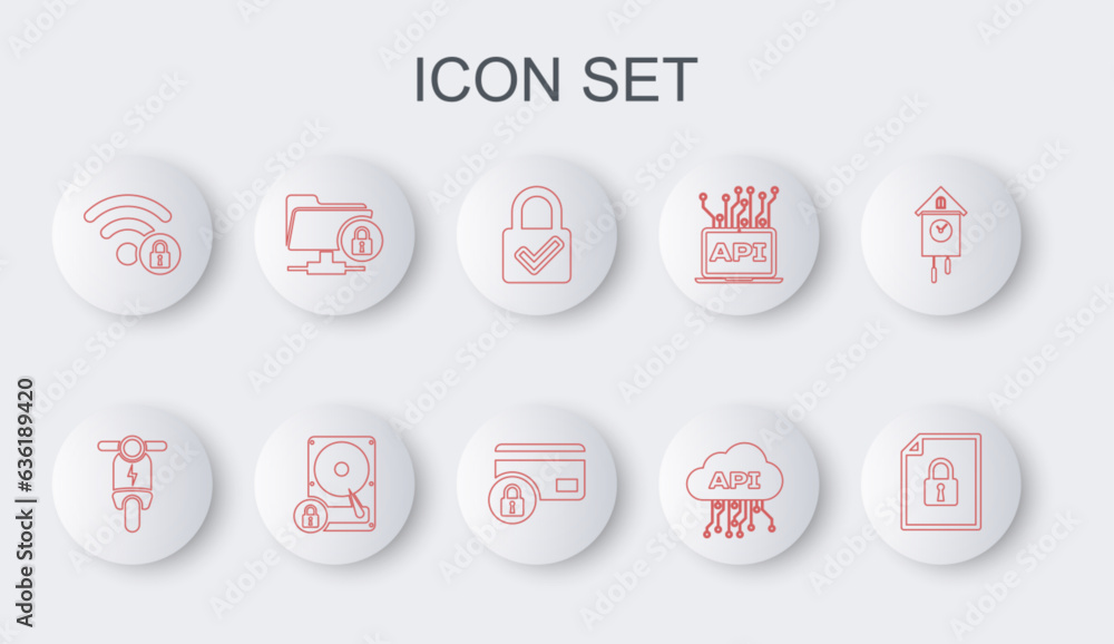 Poster set line document and lock, electric scooter, lock check mark, cloud api interface, wifi locked, ftp