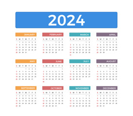 2024 Calendar, week starts on Sunday, vector eps10 illustration