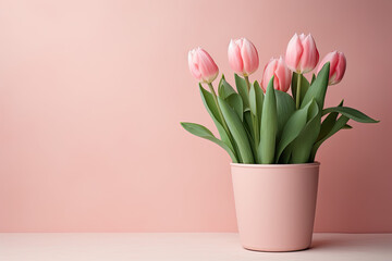 Tulips  flowers in a clay pot, pastel background, copy space