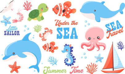 Cute vector nautical set. Children's illustrations on white background. Dolphin whale sea lighthouse octopus seahorse crab shrimp shrimp seagull turtle turtle. Various marine-themed lettering. Vector - obrazy, fototapety, plakaty
