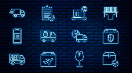 Set line Package box with check mark, Delivery security shield, Scale cardboard, truck and stopwatch, Mobile app tracking, movement, clock and Verification of delivery list icon. Vector