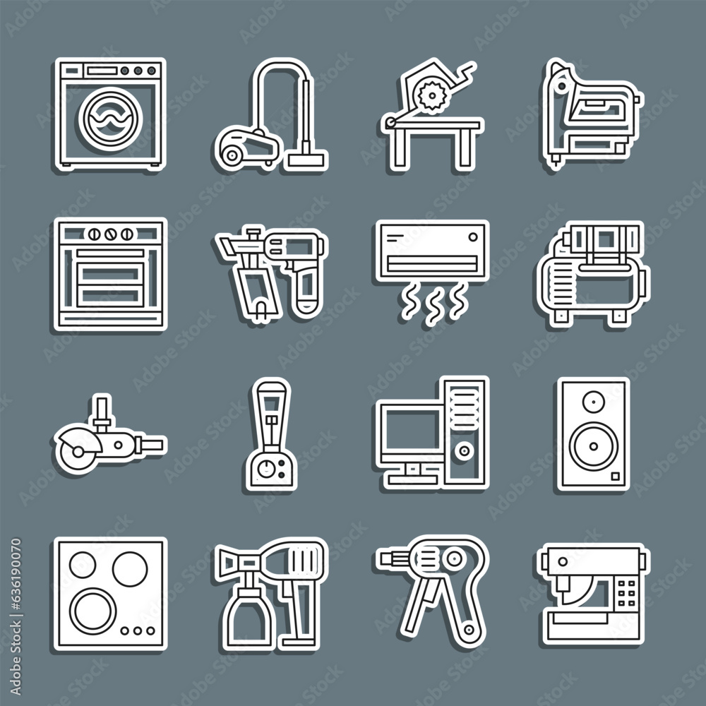 Canvas Prints Set line Sewing machine, Stereo speaker, Air compressor, Table saw for woodwork, Nail gun, Oven, Washer and conditioner icon. Vector