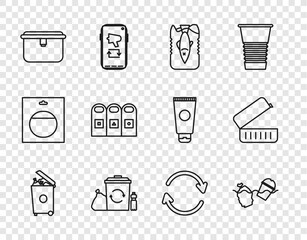 Set line Trash can, Problem pollution of the ocean, Stop plastic, Recycle bin with recycle, Lunch box, garbage cans sorted, Refresh and icon. Vector