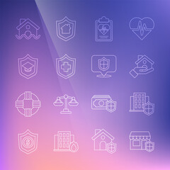 Set line Shopping building with shield, House, insurance, Health, Graduation cap, flood and Location icon. Vector