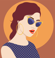 1411_Beautiful redhead woman wearing fashionable sunglasses and polka dot dress