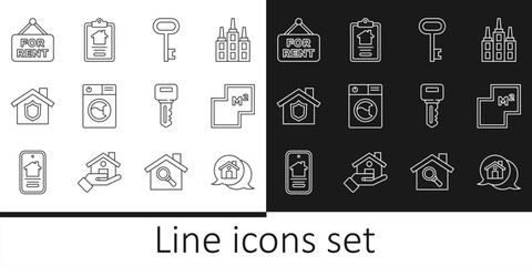 Set line Real estate message house, House plan, key, Washer, with shield, Hanging sign For Rent, and contract icon. Vector