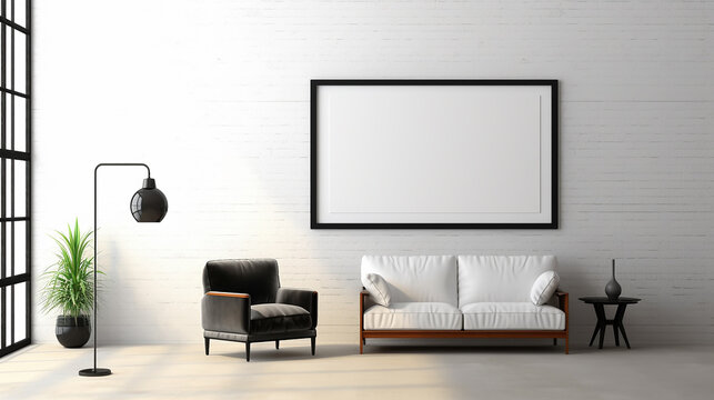 Large living room loft, bright, sunny interior. Big mockup canvas over sofa