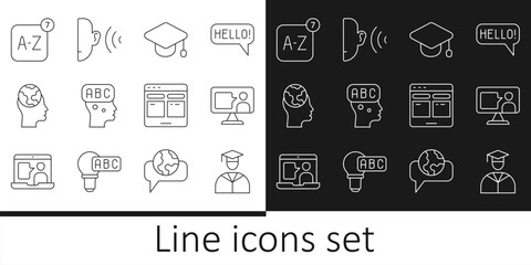 Set line Graduate and graduation cap, Foreign language online study, Graduation, Learning foreign languages, Online translator, and Ear listen sound signal icon. Vector